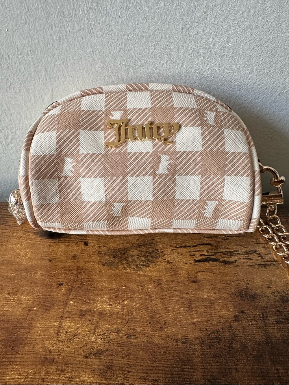 Juicy Couture Beige & White Check Mini Bag Keychain or Bag Charm Gold Logo NWOT